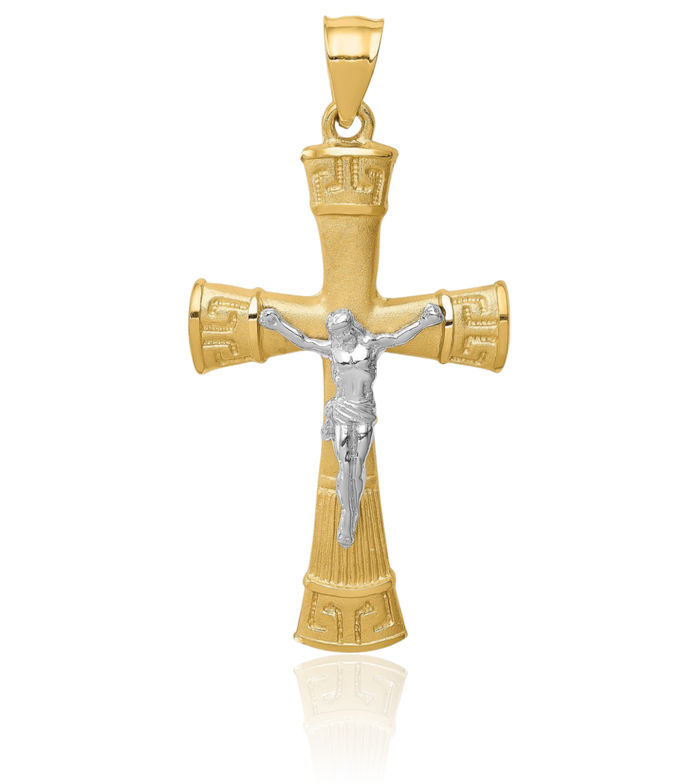 14K Solid Two Tone Gold Greek Key Lord Jesus Christ Crucifix Holy Cross Necklace Religious Chain Pendant Charm