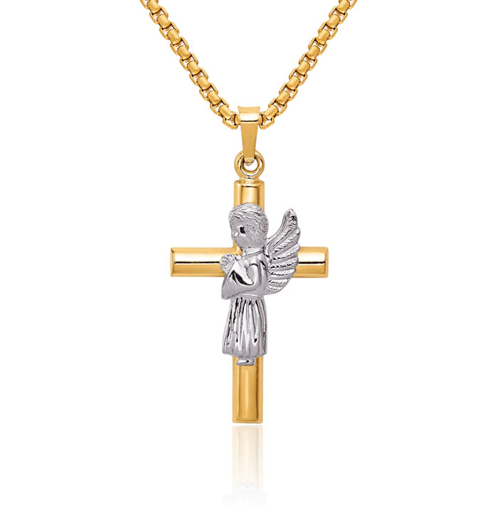 14K Solid Two Tone Gold Guardian Angel Wings Latin Mexican Holy Cross Necklace Religious Chain Pendant Jesus Christ Charm