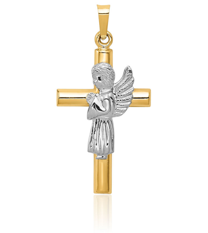 14K Solid Two Tone Gold Guardian Angel Wings Latin Mexican Holy Cross Necklace Religious Chain Pendant Jesus Christ Charm