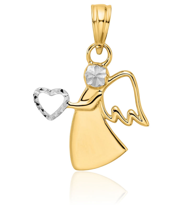 14K Solid Two Tone Yellow White Gold Guardian Angel Wings Heart Necklace Protect Us Cherub Pendant Religious Charm