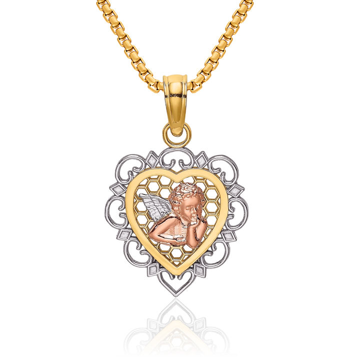 14K Solid Two Tone Gold White Guardian Angel Wings Heart Necklace Protect Us Cherub Pendant Religious Charm