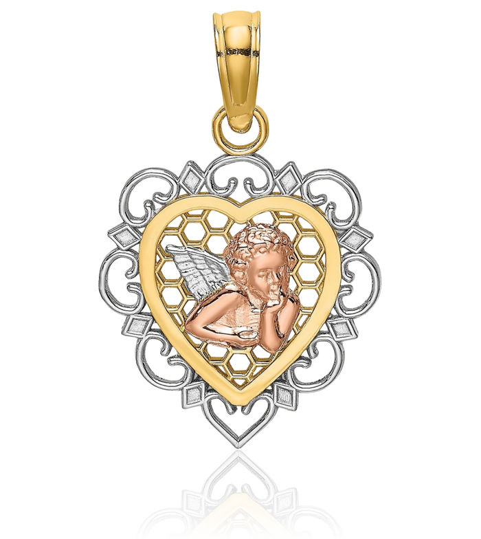 14K Solid Two Tone Gold White Guardian Angel Wings Heart Necklace Protect Us Cherub Pendant Religious Charm