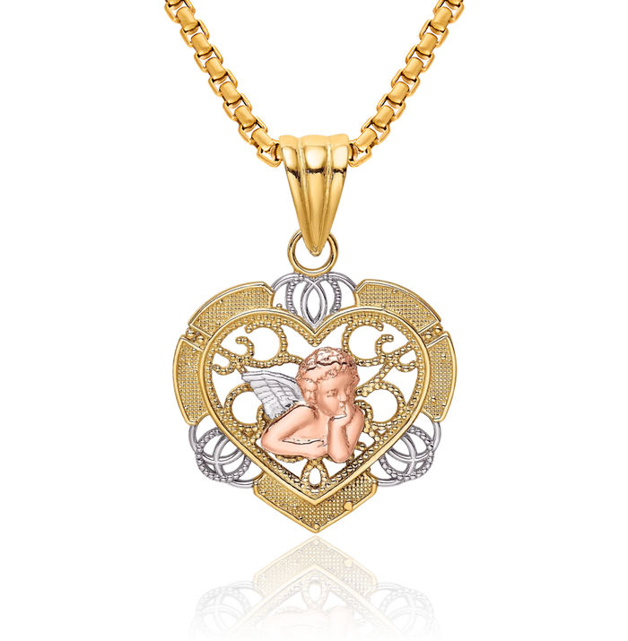 14K Solid Two Tone Gold White Guardian Angel Wings Heart Necklace Protect Us Cherub Pendant Religious Charm