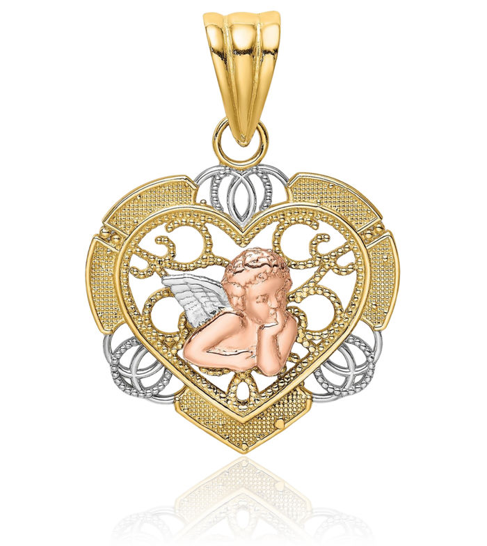 14K Solid Two Tone Gold White Guardian Angel Wings Heart Necklace Protect Us Cherub Pendant Religious Charm