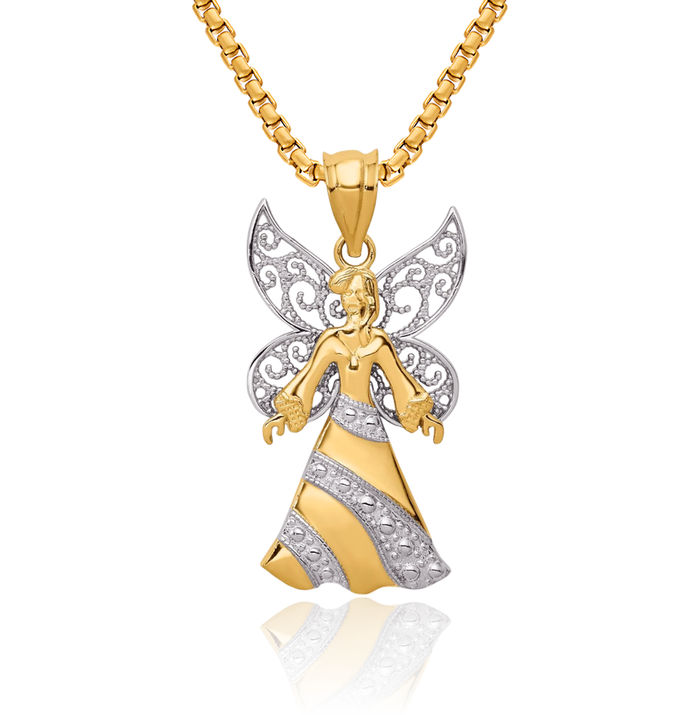 14K Solid Two Tone Gold Guardian Angel Wings Necklace Protect Us Cherub Pendant Religious Charm