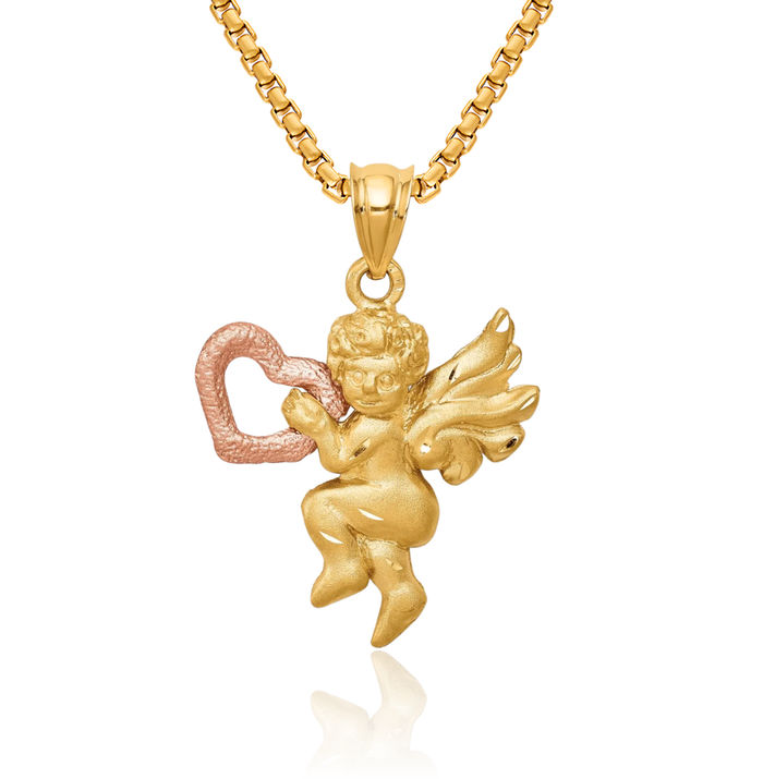 14K Solid Two Tone Gold Guardian Angel Wings Necklace Protect Us Cherub Pendant Religious Charm