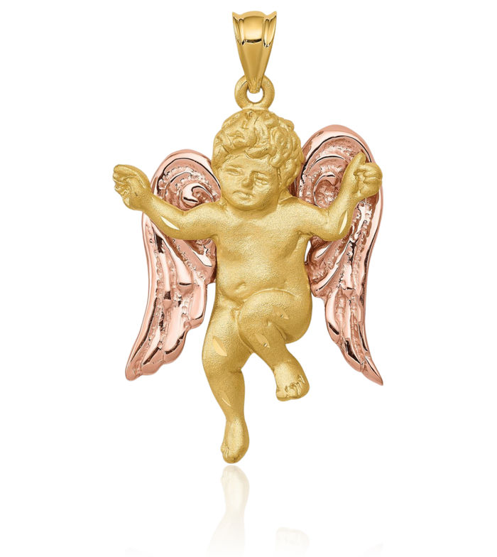 14K Solid Two Tone Gold Guardian Angel Wings Necklace Protect Us Cherub Pendant Religious Charm