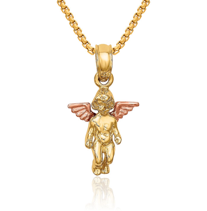 14K Solid Two Tone Gold Guardian Angel Wings Necklace Protect Us Cherub Pendant Religious Charm