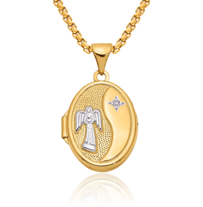 14K Solid Two Tone Yellow White Gold Guardian Angel Wings Oval Personalized Photo Locket Necklace Picture Pendant Charm