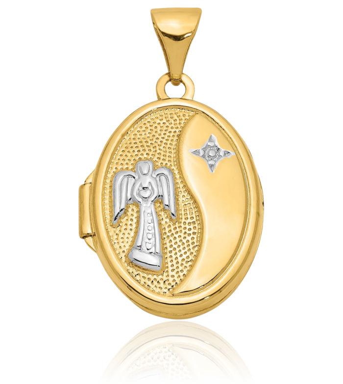 14K Solid Two Tone Yellow White Gold Guardian Angel Wings Oval Personalized Photo Locket Necklace Picture Pendant Charm