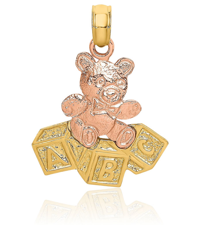 14K Solid Two Tone Gold Gummy Teddy Bear Abc Blocks Necklace Chain Pendant Charm