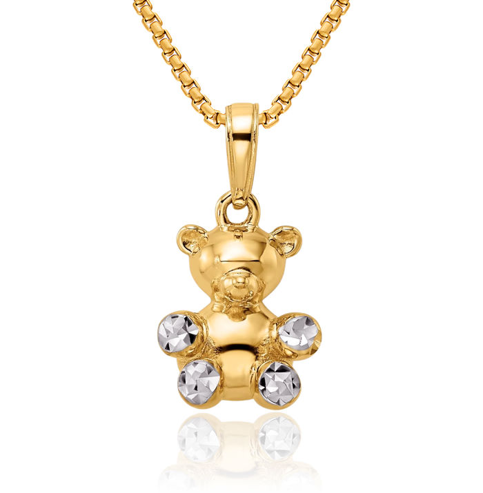 14K Solid Two Tone Yellow White Gold Gummy Teddy Bear Necklace Chain Pendant Charm