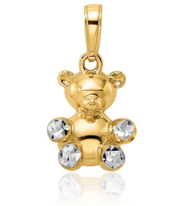 14K Solid Two Tone Yellow White Gold Gummy Teddy Bear Necklace Chain Pendant Charm