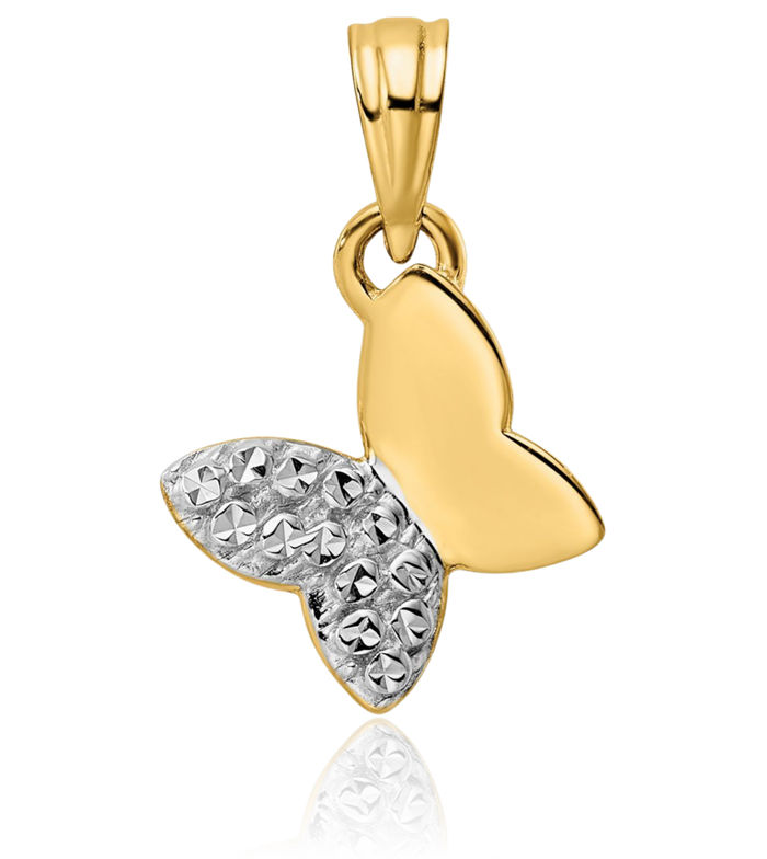 14K Solid Two Tone Yellow White Gold Half Butterfly Wings Necklace Chain Pendant Charm