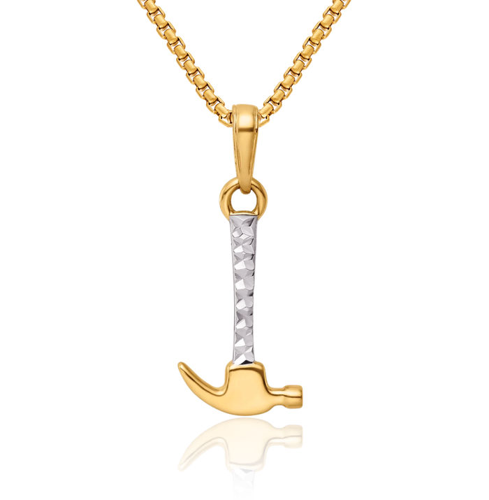 14K Solid Two Tone Yellow White Gold Hammer Necklace Mechanic Chain Pendant Charm