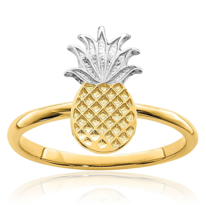 14K Solid Two Tone Yellow White Gold Hawaiian Pineapple Ring Summer Beach Band Tropical Fruit Jewelry