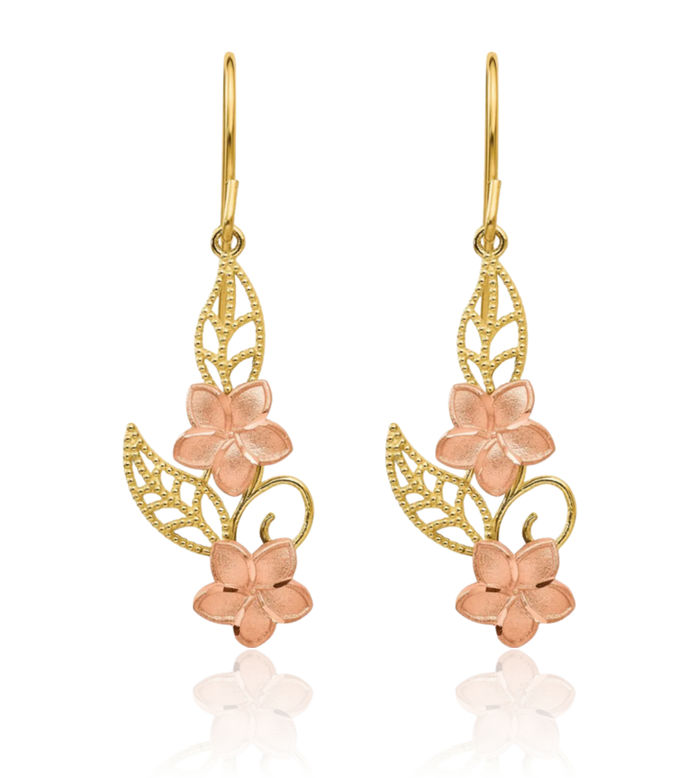 14K Solid Two Tone Gold Hawaiian Plumeria Flower Drop Dangle Earrings