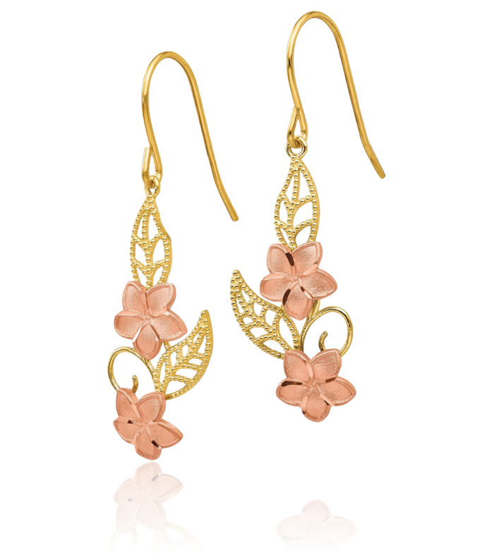 14K Solid Two Tone Gold Hawaiian Plumeria Flower Drop Dangle Earrings