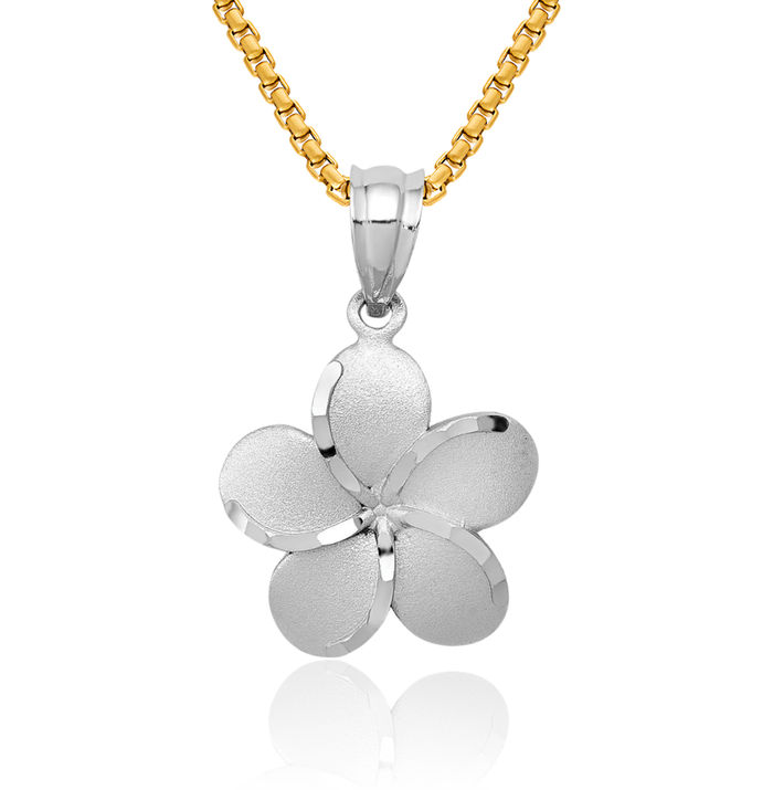 14K Solid Two Tone Yellow White Gold Hawaiian Plumeria Flower Necklace Chain Pendant Charm