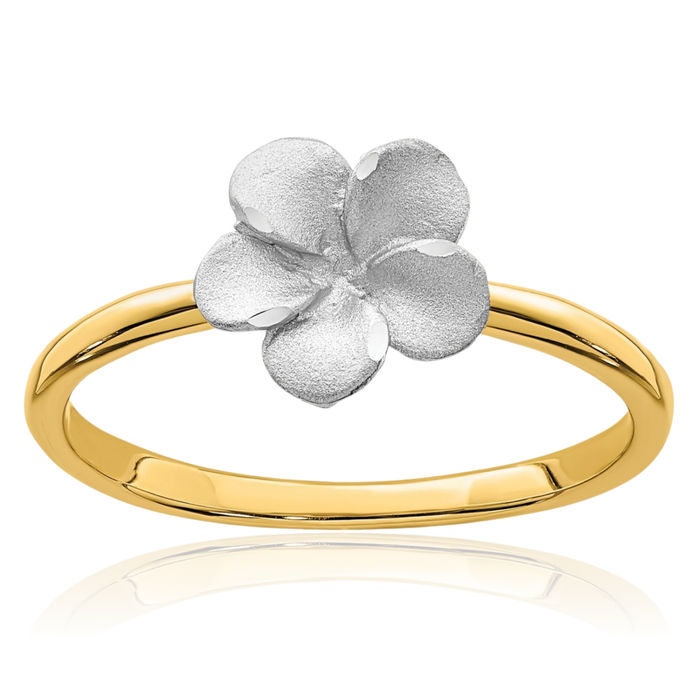 14K Solid Two Tone Gold Hawaiian Plumeria Flower Ring