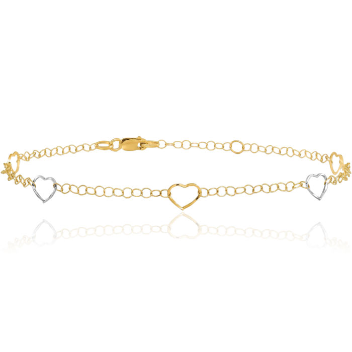 14K Solid Two Tone Gold Heart Anklet Summer Beach Foot Ankle Bracelet