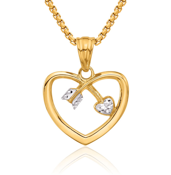 14K Solid Two Tone Yellow White Gold Heart Arrow Necklace Chain Pendant Charm