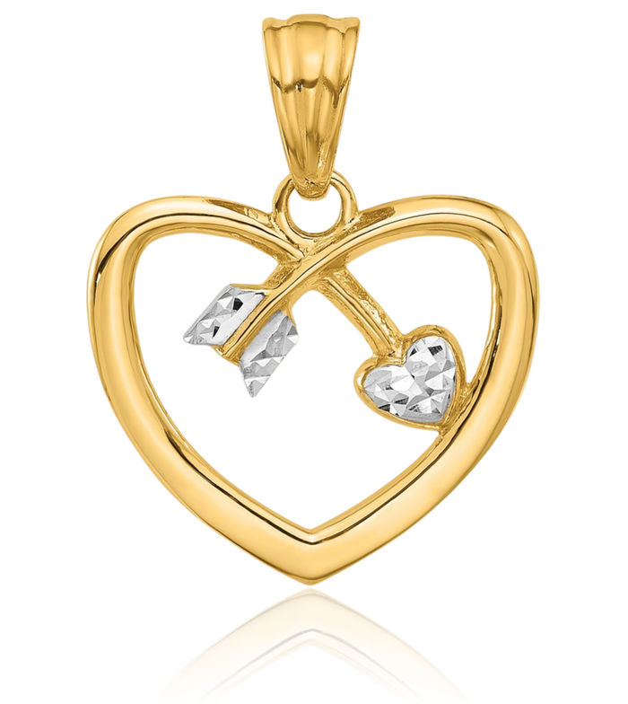 14K Solid Two Tone Yellow White Gold Heart Arrow Necklace Chain Pendant Charm