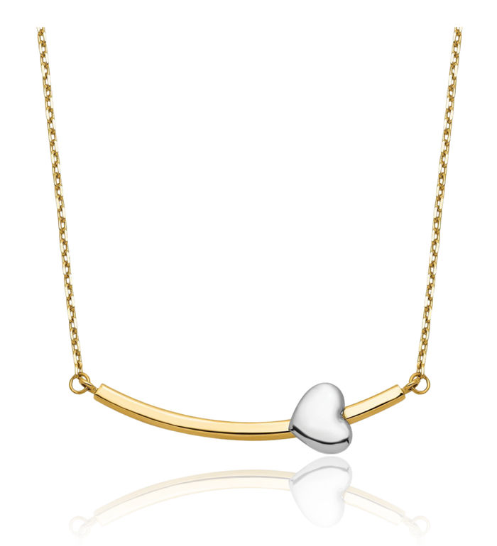 14K Solid Two Tone Gold Heart Bar Necklace Chain