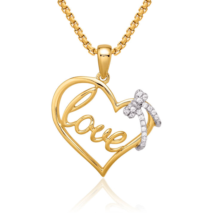 14K Solid Two Tone Gold Heart Bow Diamond Necklace Chain Pendant Charm