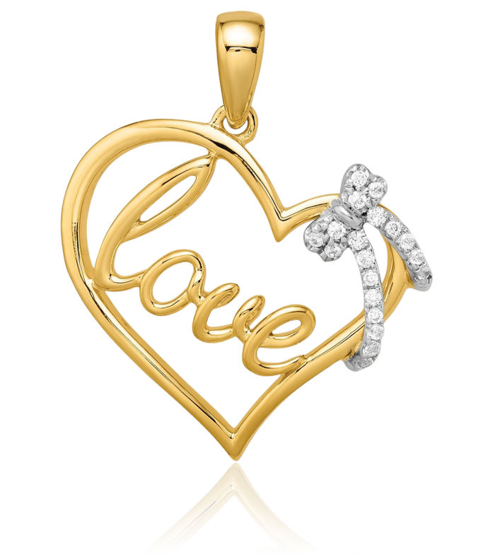 14K Solid Two Tone Gold Heart Bow Diamond Necklace Chain Pendant Charm