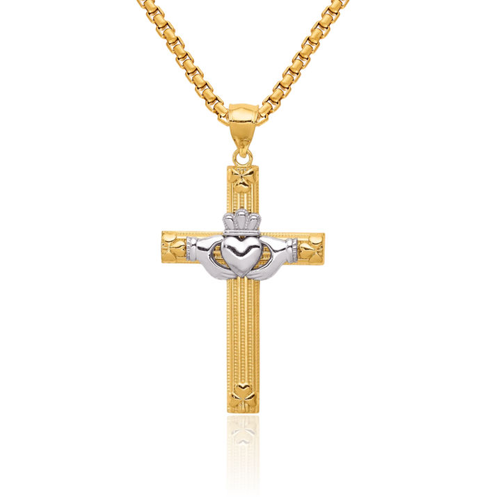 14K Solid Two Tone Gold Heart Irish Claddagh Celtic Holy Cross Necklace Religious Chain Pendant Jesus Christ Charm Jewelry