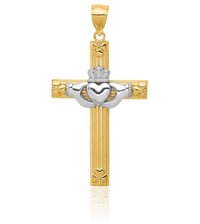 14K Solid Two Tone Gold Heart Irish Claddagh Celtic Holy Cross Necklace Religious Chain Pendant Jesus Christ Charm Jewelry