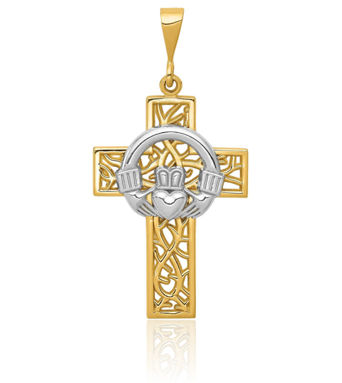 14K Solid Two Tone Gold Heart Irish Claddagh Celtic Holy Cross Necklace Religious Chain Pendant Jesus Christ Charm Jewelry