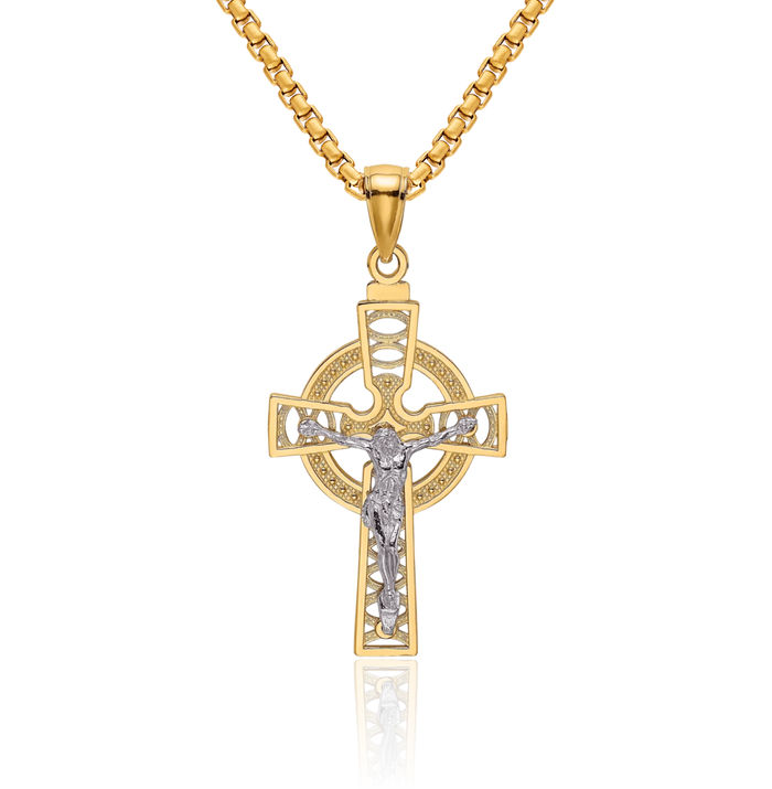 14K Solid Two Tone Gold Heart Irish Claddagh Celtic Lord Jesus Christ Crucifix Holy Iona Cross Eternity Circle Round Necklace Religious Chain Pendant Charm Jewelry