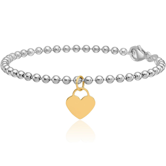 14K Solid Two Tone Gold White Heart Charm Beaded Ball Link Bracelet