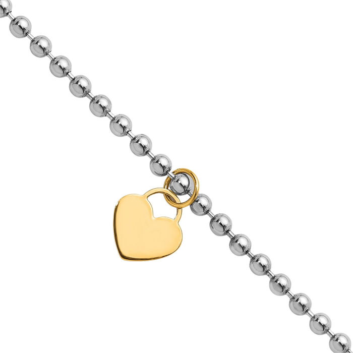 14K Solid Two Tone Gold White Heart Charm Beaded Ball Link Bracelet