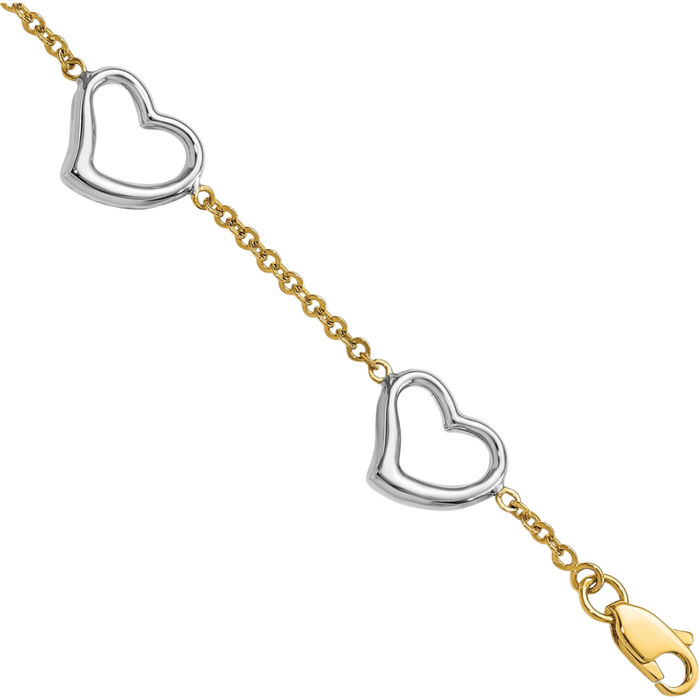 14K Solid Two Tone Gold Heart Chain Charm Bracelet