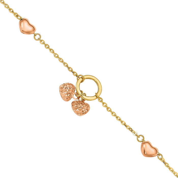 14K Solid Two Tone Gold Heart Chain Charm Bracelet