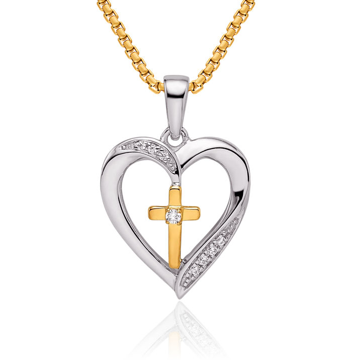 14K Solid Two Tone Gold Heart Holy Cross Diamond Necklace Religious Chain Pendant Jesus Christ Charm