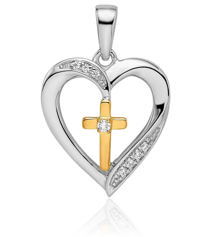 14K Solid Two Tone Gold Heart Holy Cross Diamond Necklace Religious Chain Pendant Jesus Christ Charm