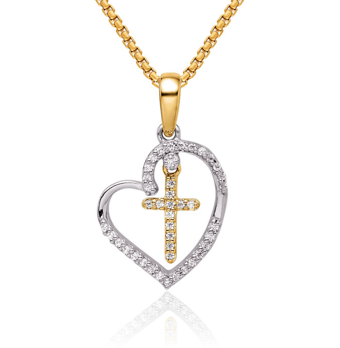 14K Solid Two Tone Gold Heart Holy Cross Diamond Necklace Religious Chain Pendant Jesus Christ Charm