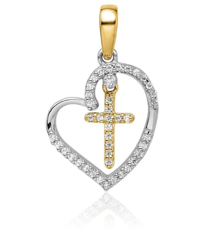 14K Solid Two Tone Gold Heart Holy Cross Diamond Necklace Religious Chain Pendant Jesus Christ Charm