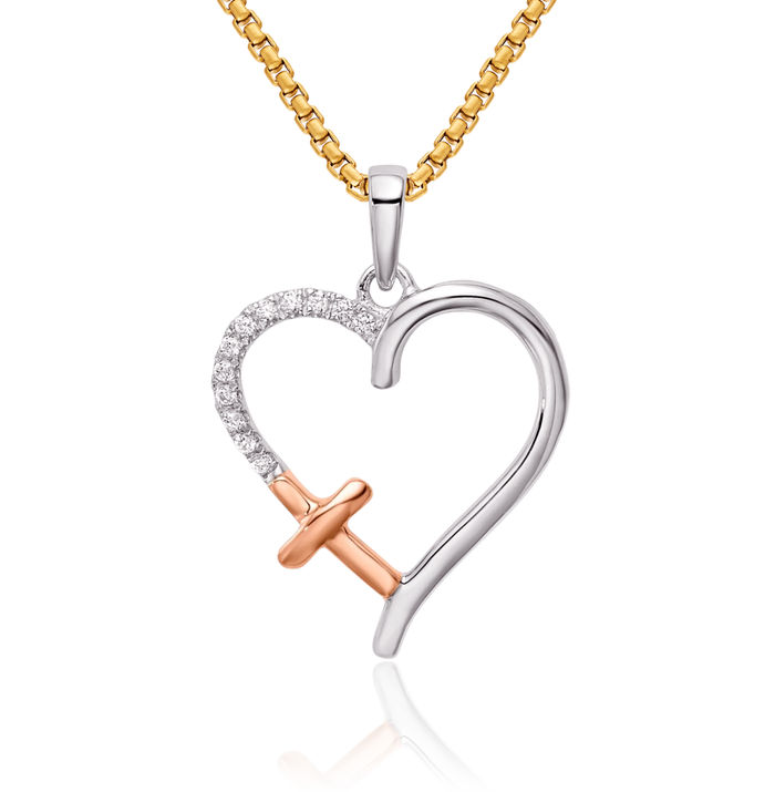 14K Solid Two Tone Gold White Rose Heart Holy Cross Diamond Necklace Religious Chain Pendant Jesus Christ Charm