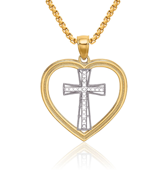 14K Solid Two Tone Yellow White Gold Heart Cross Necklace Religious Chain Pendant Jesus Christ Charm