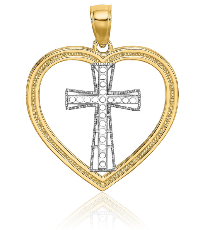 14K Solid Two Tone Yellow White Gold Heart Cross Necklace Religious Chain Pendant Jesus Christ Charm