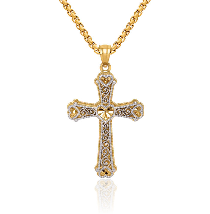 14K Solid Two Tone Gold Heart Holy Cross Necklace Religious Chain Pendant Jesus Christ Charm