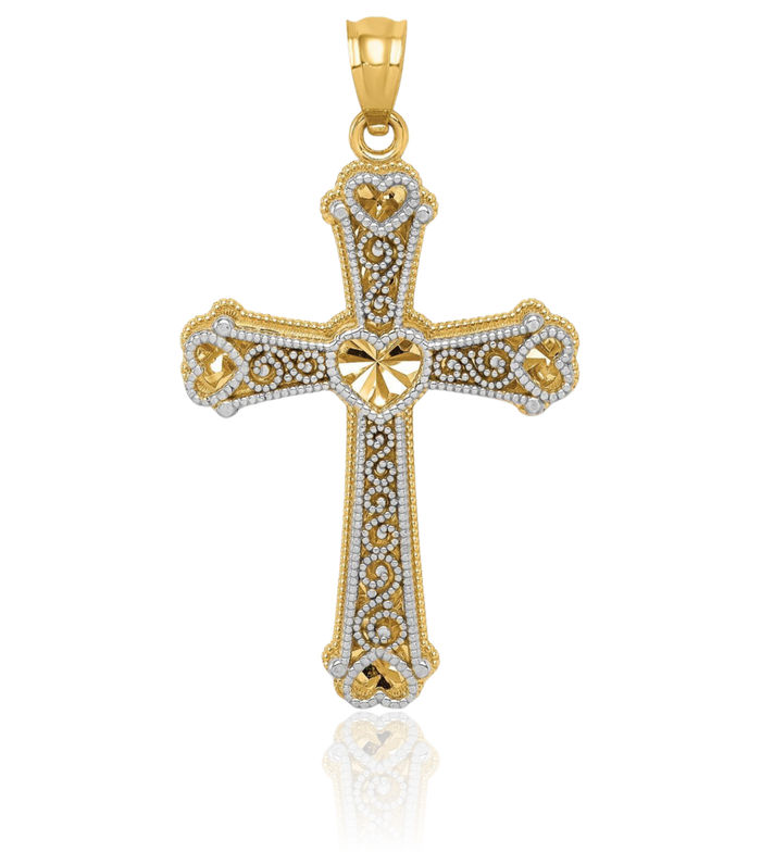 14K Solid Two Tone Gold Heart Holy Cross Necklace Religious Chain Pendant Jesus Christ Charm