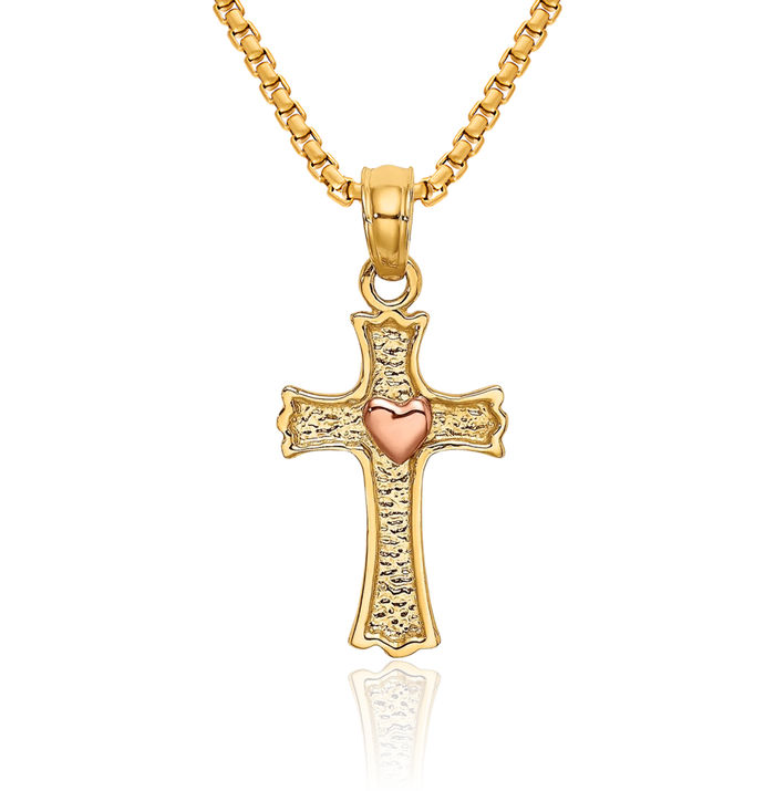 14K Solid Two Tone Gold Heart Holy Cross Necklace Religious Chain Pendant Jesus Christ Charm