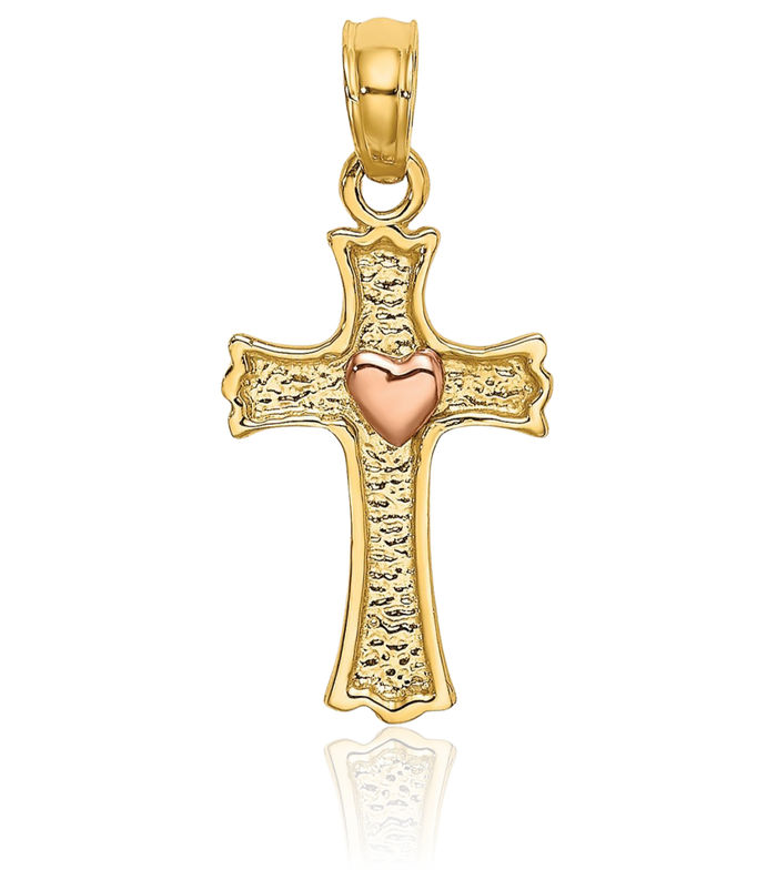 14K Solid Two Tone Gold Heart Holy Cross Necklace Religious Chain Pendant Jesus Christ Charm