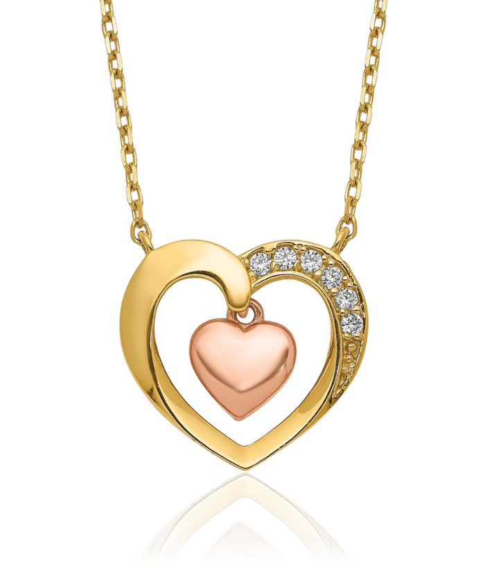 14K Solid Two Tone Gold Heart Cubic Zirconia CZ Necklace Chain